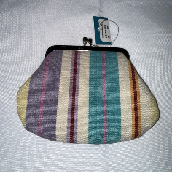Anthropologie Multicolored Striped Small Kisslock Coin Pouch Wallet Bag Cotton - Picture 3 of 11